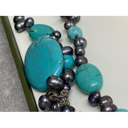 459 - Turquoise & grey fresh water Pearl necklace with silver fittings