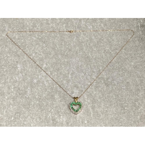 468 - 9ct gold emerald & diamond heart shaped pendant & 9ct chain, 43cm length chain, 4g