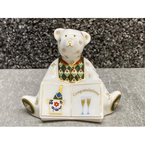 446 - Royal Crown Derby miniature teddy bear ornament “Congratulations” signed to the base