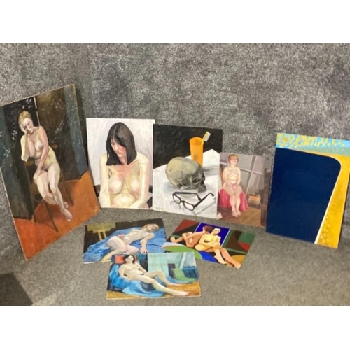 456 - Eight oil paintings of female nudes, still life and abstract scene signed Yorke