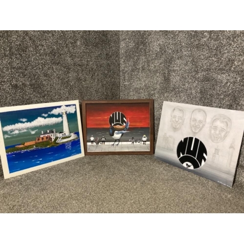 458 - Three oil paintings by Brian P Simister depicting Newcastle United magpie mascots, Newcastle United ... 