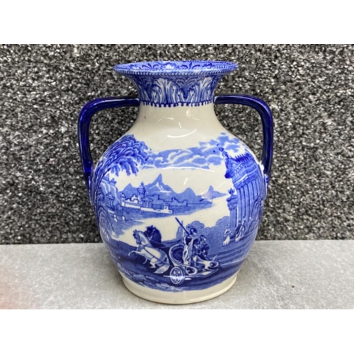 520 - Cauldon Arcadian chariots design blue & white twin handled Portland vase - 1905-1920