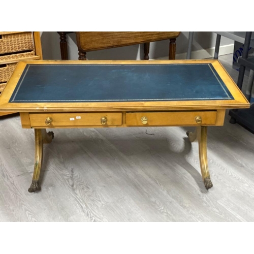 631 - Vintage hardwood & leather topped writing table with 2x fitted drawers 123x62cm, height 58cm