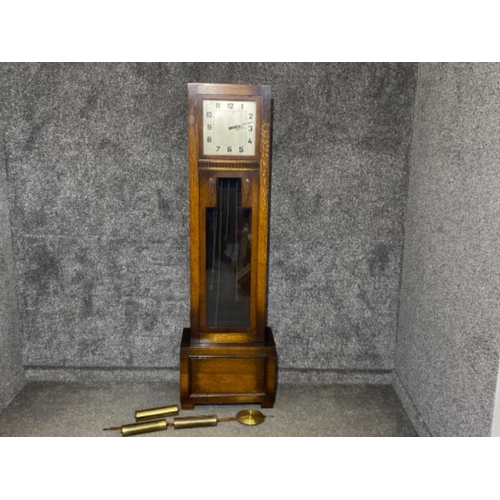 648 - Oak framed Art Deco long cased grandfather clock, with pendulum & brass weights