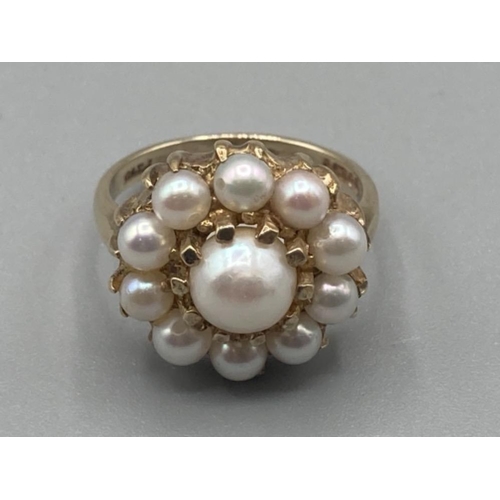 103 - Ladies 9ct yellow gold and pearl cluster ring size M 5.2g gross