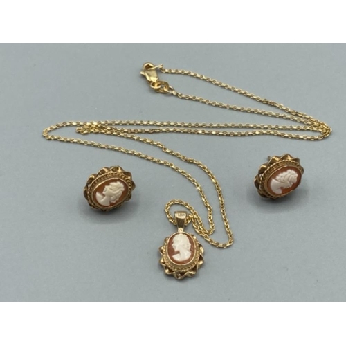 107 - Ladies 9ct yellow gold cameo studs and matching pendant on chain (23cm long) 6.5g gross