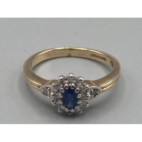 113 - Ladies 9ct yellow gold sapphire and diamond cluster ring approx .15ct size K 2.3g gross