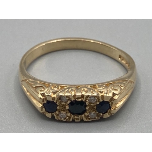 119 - 9ct yellow gold sapphire and diamond ring with fancy setting size T 3.7g gross