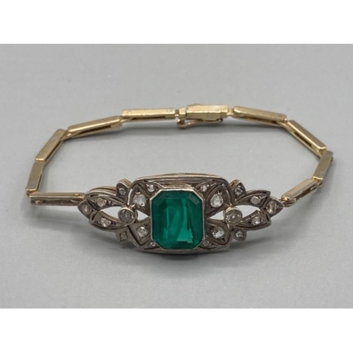 131 - Ladies antique 14ct yellow and white gold green stone and diamond ornate bracelet with safety catch ... 