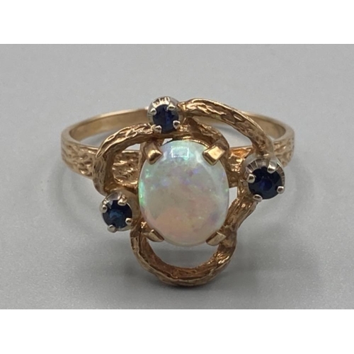 132 - Ladies 9ct yellow gold opal and sapphire ornate ring size Y 5.2g gross