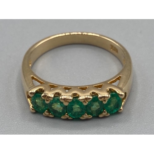 139 - Ladies 18ct yellow gold and emerald five stone ring size L 3.8g gross