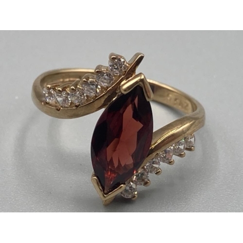 150 - Ladies 9ct yellow gold garnet and CZ ring size N 2.9g gross