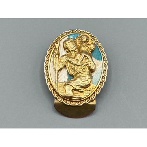 151 - 9ct yellow gold St Christopher pendant/brooch with blue and white inlay 25.1g gross