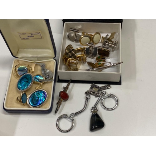 163 - Box of gentleman’s vintage cufflinks & box of New Zealand Paua shell costume jewellery