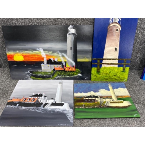 176 - 4x acrylic paintings on boards, St.Mary’s Lighthouse, all signed by local artist Brian P.Simister