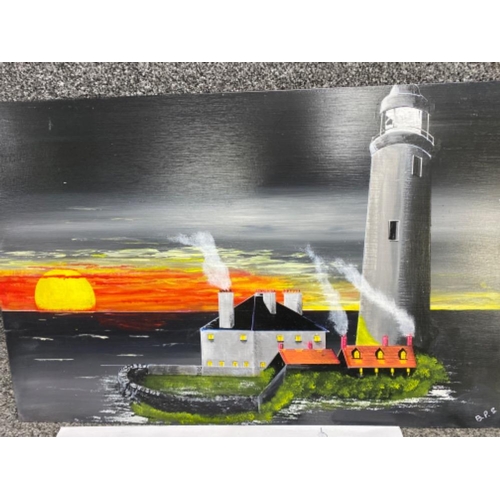 176 - 4x acrylic paintings on boards, St.Mary’s Lighthouse, all signed by local artist Brian P.Simister