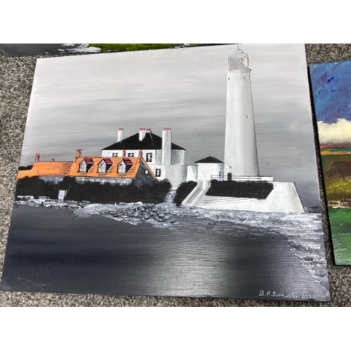 176 - 4x acrylic paintings on boards, St.Mary’s Lighthouse, all signed by local artist Brian P.Simister