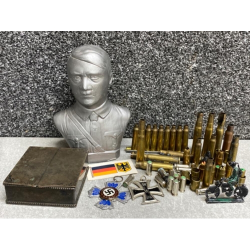 183 - Box of German memorabilia (WWII related) includes Hitler bust, repro medals, Bullet casings etc