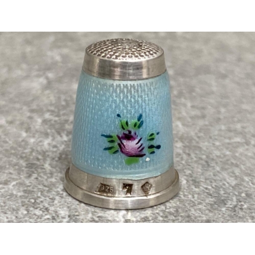 190 - A silver size 7, Blue Guilloche enamelled thimble marked 925 silver and unidentified makers mark, po... 