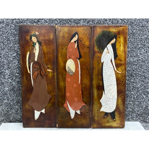 193 - 3x vintage Lacquered pastels 131/2” x 41/2” Vietnamese with inlaid coloured wood and eggshells of be... 