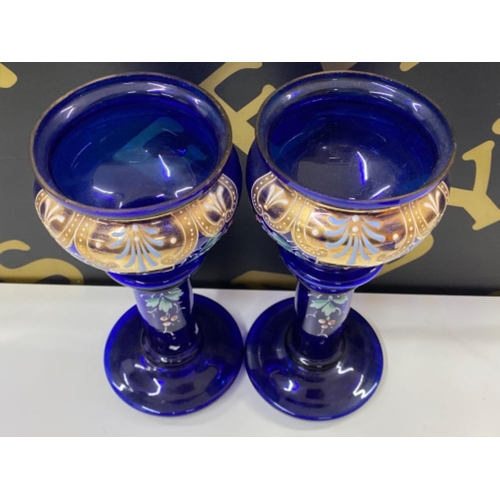 196 - Pair of Victorian enamelled cobalt glass tall Hyacinth vases