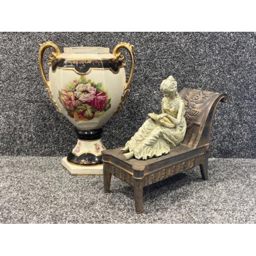 204 - Large decorative twin handle vase and cast lady sitting reading