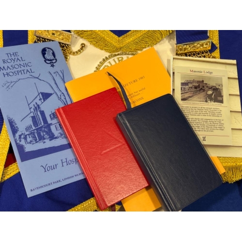 208 - Masonic items including aprons, ribbons and books