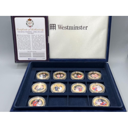 219 - Royal mint Westminster William and Kate 24ct gold plated photographic coin set. Contains 10 all with... 