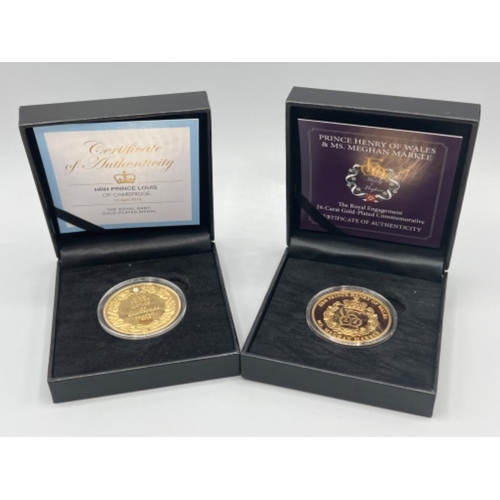 235 - The Royal engagement 24ct gold plated commemorative coin with certificate and also HRH Prince Louis ... 