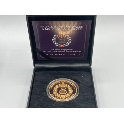 235 - The Royal engagement 24ct gold plated commemorative coin with certificate and also HRH Prince Louis ... 