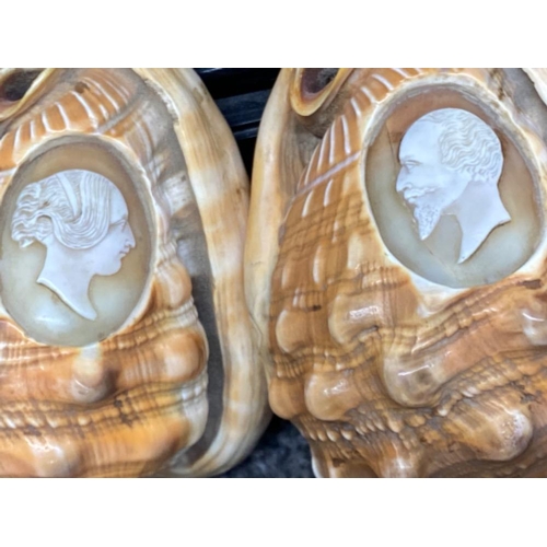 278 - Pair of cameo carved sea-shells (gentleman & lady) together with a miniature studio pottery vase sig... 