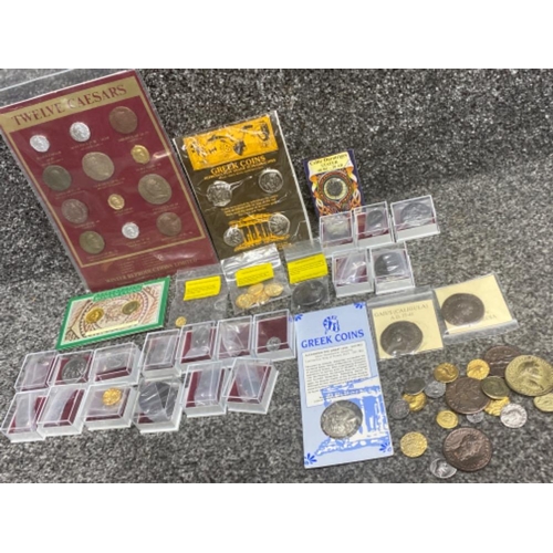 280 - Tray lot of reproduction Roman and Ancient Greek coins - with a mixture of original information pack... 