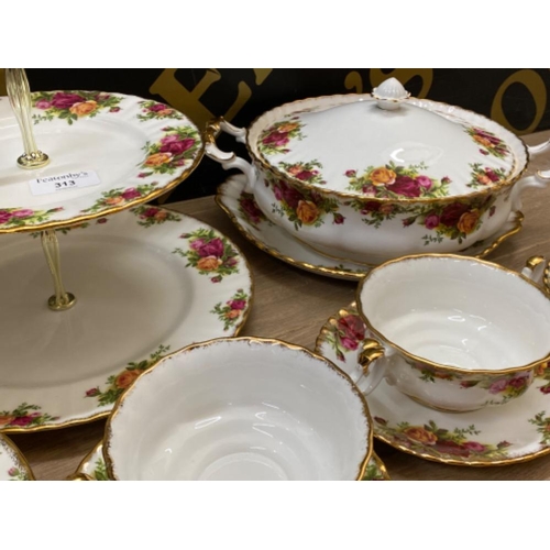 313 - Total of 21 pieces of Royal Albert ‘old country roses’ china includes lidded tureen, cake stands & t... 