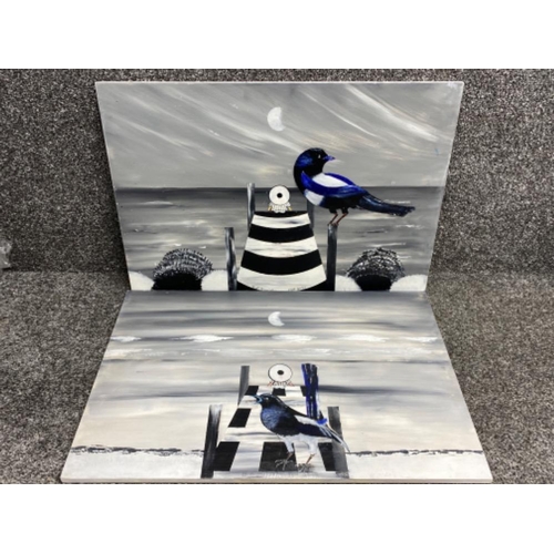 323 - Two acrylic paintings on boards of Newcastle United magpie mascots at sea, both signed by local arti... 