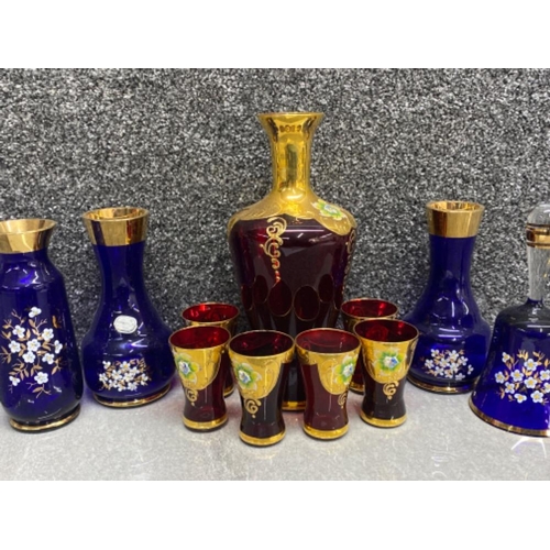 335 - Total of 11 pieces of Bohemia coloured glass (red & blue) including decanter with 6 drinking beakers... 