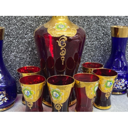 335 - Total of 11 pieces of Bohemia coloured glass (red & blue) including decanter with 6 drinking beakers... 