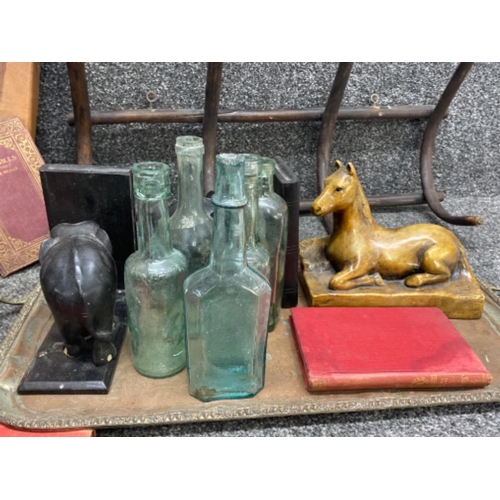 336 - Large lot comprising of coat racks, silver plated trays & a tray containing vintage bottles, elephan... 