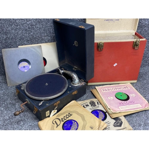 350 - Vintage portable table top gramophone & box of miscellaneous Records