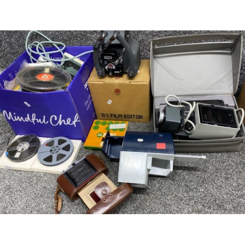 357 - Job lot of mixed reels, film editor & vintage camera etc