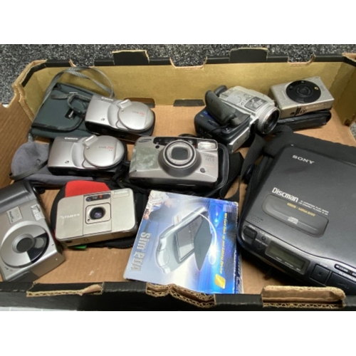 36 - Box of miscellaneous cameras & cases including Canon & Fujifilm also includes Sony camcorder & CD co... 