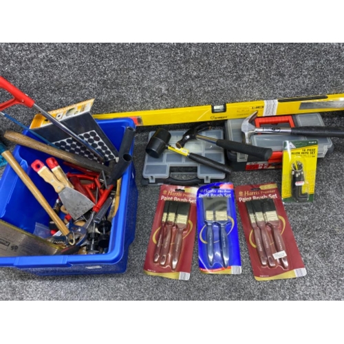 382 - Box containing miscellaneous hand tools including saws, hammer, tool boxes & brush sets