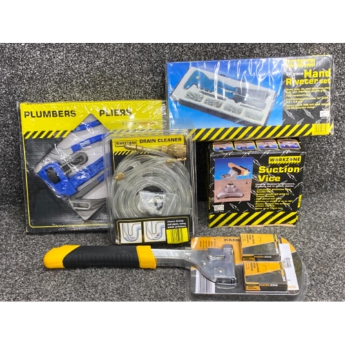 387 - Total of 5 Workzone tools includes brand new plumbers pliers, hammer tacker, drain cleaner & 60 piec... 