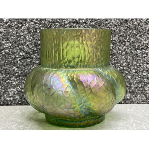 394 - Large neck Bohemian Kralik Martele rose bowl vase in iridescent green (nick to neck)