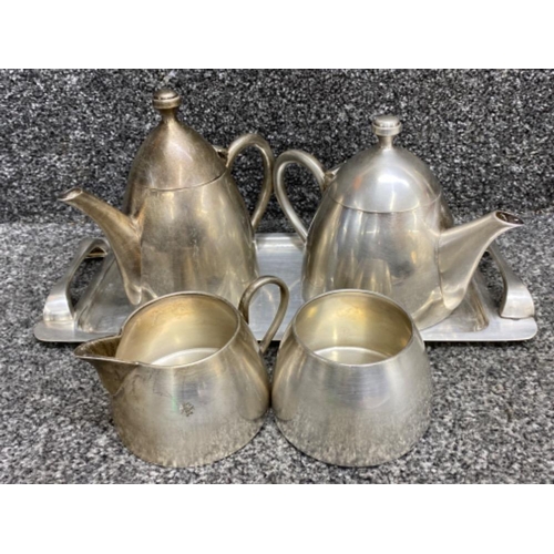 396 - Very heavy gauge white metal teapot & hot water jug and serving tray together with the same milk & s... 