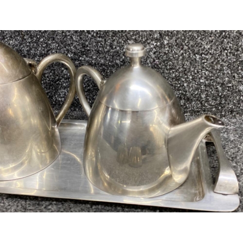 396 - Very heavy gauge white metal teapot & hot water jug and serving tray together with the same milk & s... 