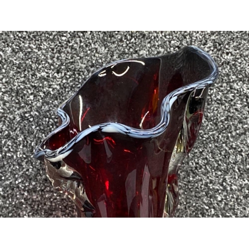 402 - Large Ruby glass floor vase with clear glass ribs & applied white lip, height 51cm