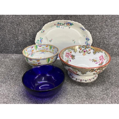 408 - Haviland Limoges meat platter with two antique console or fruit bowls plus large cobalt glass bowl