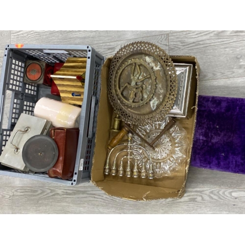 409 - A tray & crate of miscellaneous items including metalware boxed Jewish chalices, gents travel set et... 