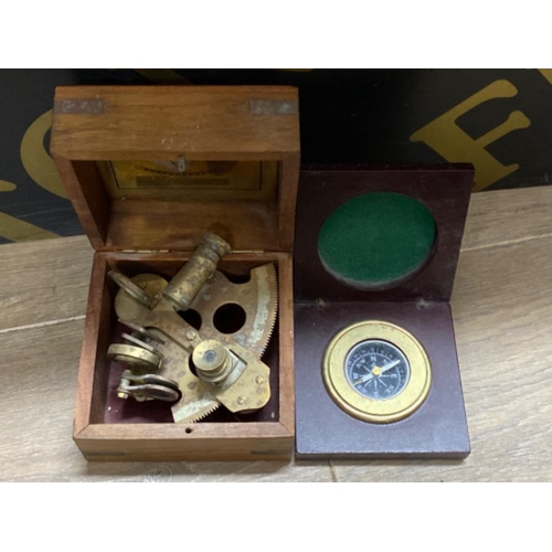 414 - Antique brass sextant in wooden box together with a vintage compass