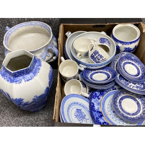 427 - Box containing a quantity of blue & white pottery including willow pattern tea set & vase plus 2 han... 